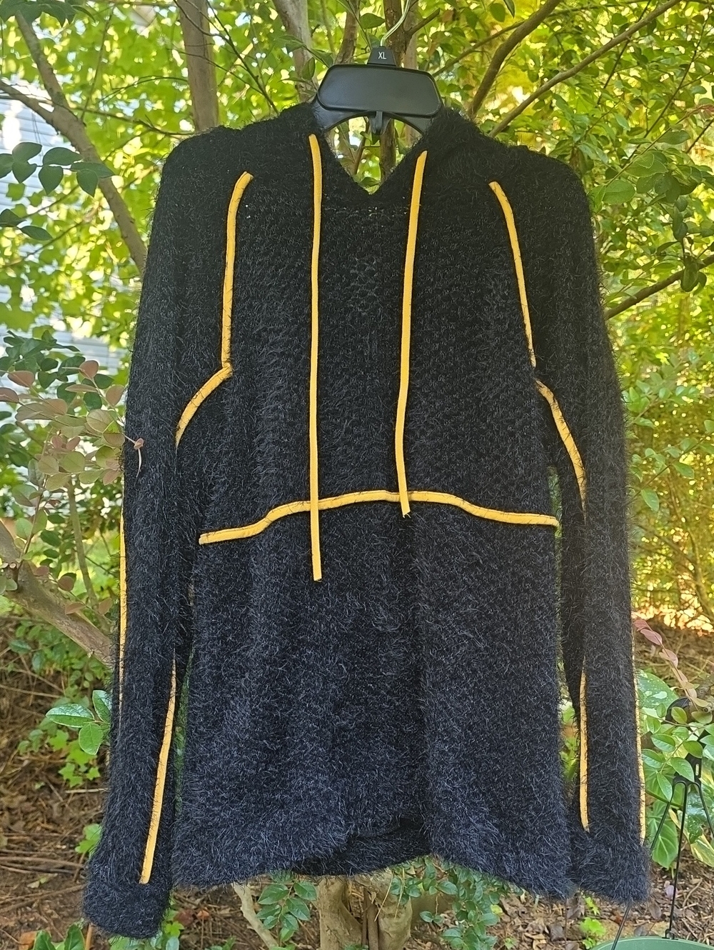 Fuzzy Hoodie Sweater with Yellow Trim